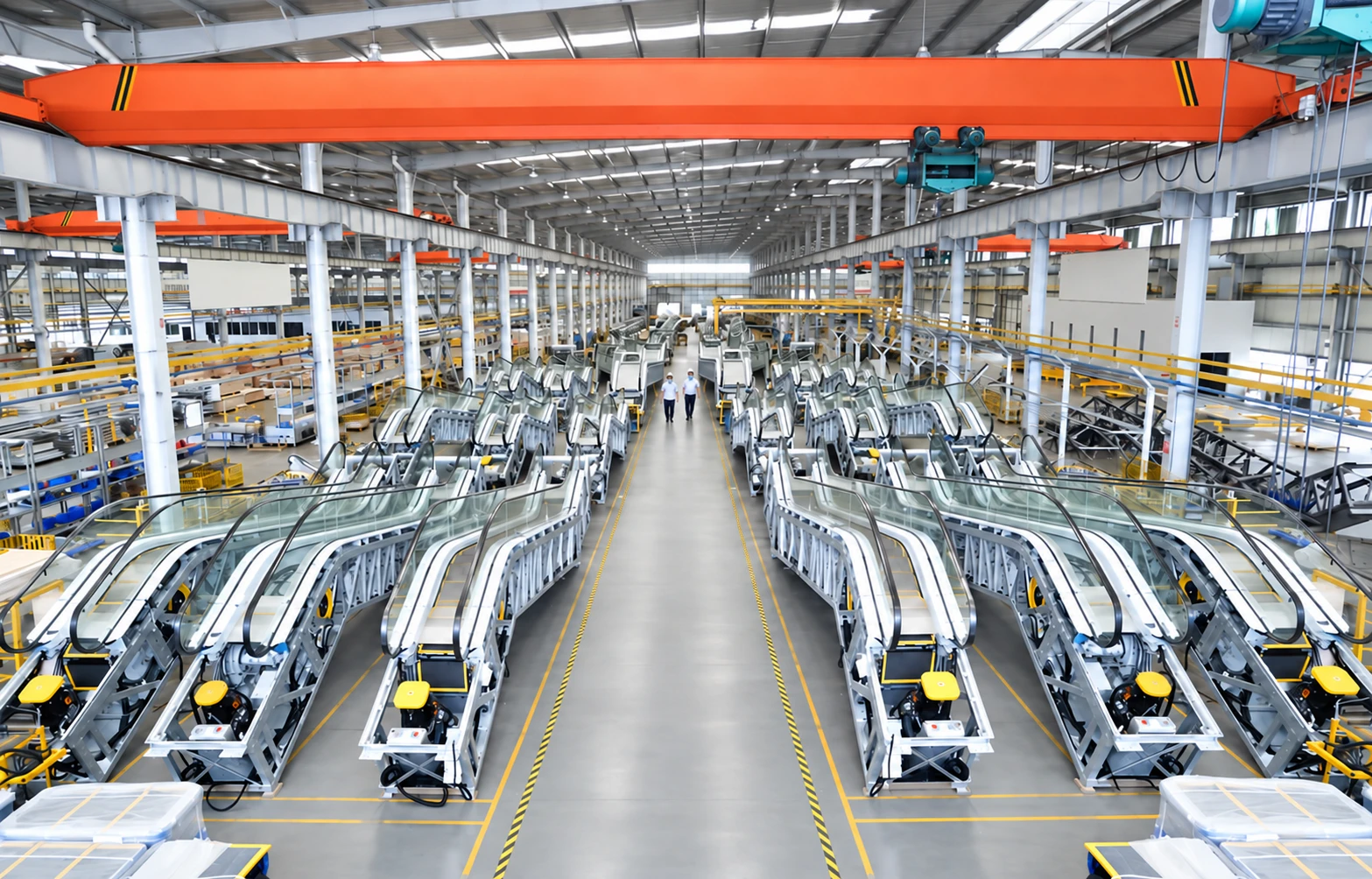Escalator assembly lines on the factory floor